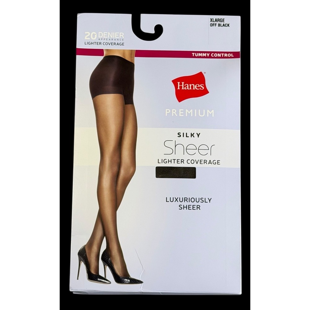 Hanes Premium Silky Lighter Nylon Stockings Tummy Control Sheer Off Black XL